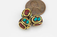 Tibetan Beads- Drum- Turquoise and Coral on brass Inlays- 9mm - 5 pcs