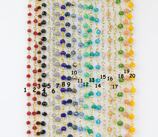WHOLESALE Rosary Chain GOLD 3-4mm Jade Crystal Rosary Chain...wire wrapped chain gold plated by the YARD. New Colors!!