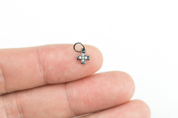 Tiny Cute Cross Charm / Pendant CZ Diamond Pave Charm / Pendant 5mm - gunmetal plated