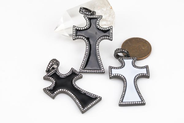 Enamel Cross CZ Gunmetal Pave 25x40mm Pendant- White or Black