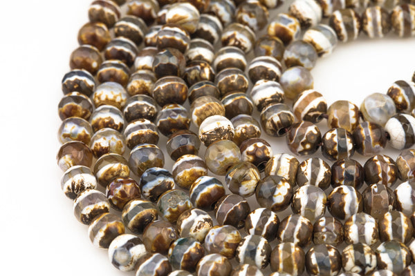 Dzi Beads Dark Brown Single Band Faceted Round Beads. A Quality Full Strand 4mm, or 6mm.