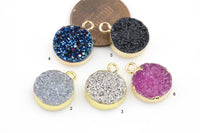 Mystic Druzy Coin Shaped wrapped in Gold! 12mm Charm- High Quality- Extra Sparkly- 3 Colors