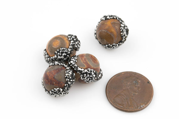 Large Beautiful Pave Stone DZI Bead...Hand encrusted with pave gunmetal hemitite diamonds. 1 bead.12mm. Exclusive item!