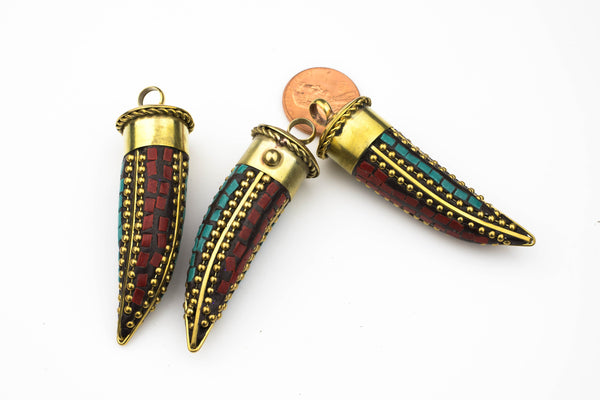 Tibetian Horn in Brass with Turquoise Coral In Lay-2.5 inches long