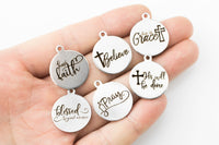 Stainless Steel Charms Religious Christian Charms Collection - Laser Engraved Silver Tone - Blessed Faith Grace Pray Believe - Bulk Pricing