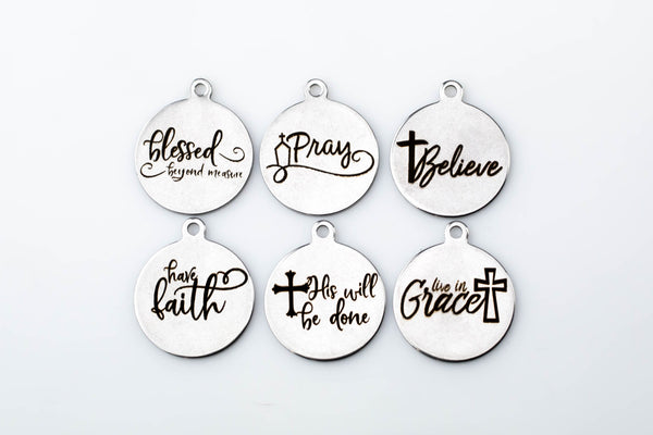 Stainless Steel Charms Religious Christian Charms Collection - Laser Engraved Silver Tone - Blessed Faith Grace Pray Believe - Bulk Pricing
