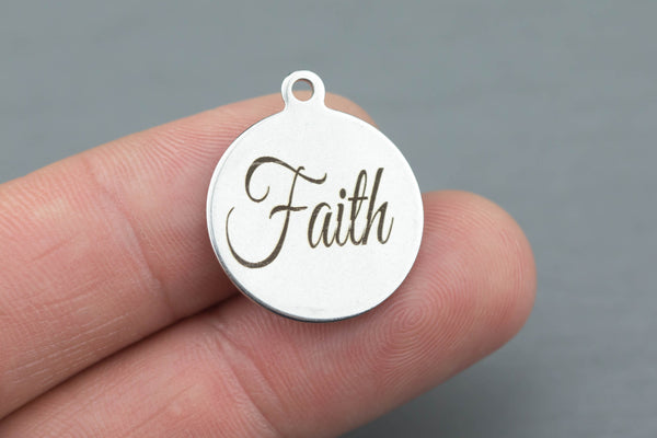 Stainless Steel Charms -Faith - Laser Engraved Silver Tone - Bulk Pricing