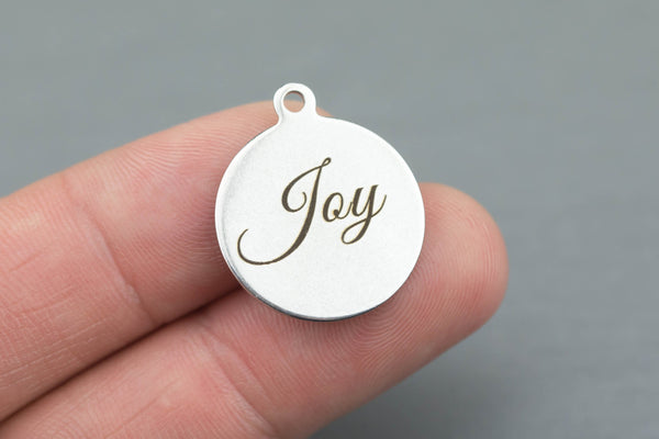 Stainless Steel Charms -Joy - Laser Engraved Silver Tone - Bulk Pricing