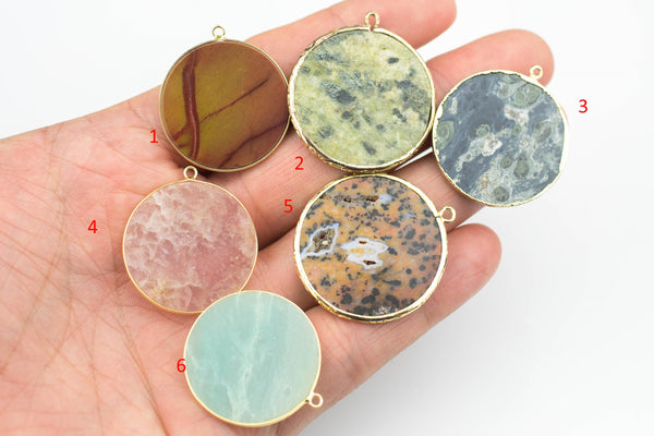 Natural Gemstone Coin Wafer pendants- Average Size 30mm - Gold Plated - Very Nice and Thin