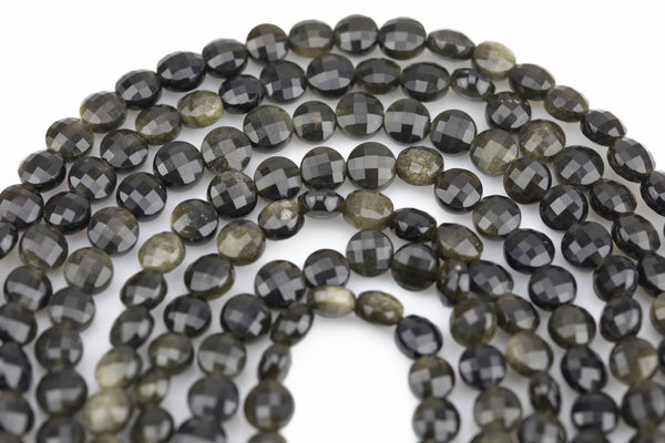 Natural Golden Obsidian- Full Strands-15.5 inches-6mm- Nice Size Hole- Diamond Cutting,High Facets-Nice and Sparkly-Faceted Coin