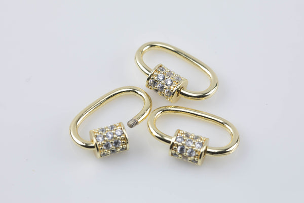 CZ Micro Pave Oval Shape Screw Clasp, Gold Plated U Shape Clasp Lock, Carabiner Pave Lock, 10x19mm