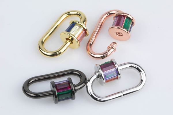 CZ Micro Pave Oval Shape Screw Clasp, Gold Plated U Shape Clasp Lock,Multi Colored Carabiner Pave Lock, 10x19mm