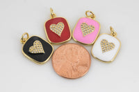 2pc Dainty HEART Enamel Pendant- 18k Gold CZ HEART Charm, 13x15mm/15x17mm 2 pcs per order