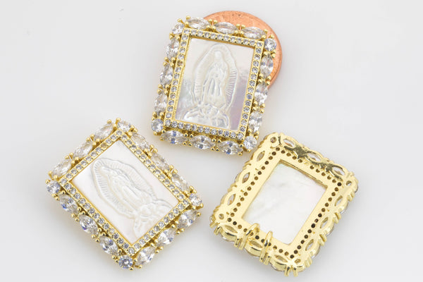 Mother of Pearl Saint Mother Mary Rectangular Pedant - Natural Mother of Pearl Bezeled with CZ Paves 1 pc 20x24mm