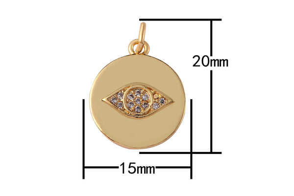 2 pc 18k Gold Coin Evil Eye Charm Diamond CZ Drop Charm Cubic Protector Pendant Tiny Lucky Dainty Necklace - 15mm