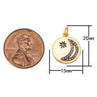 2 pc 18k Gold Coin Moon and Star Charm Diamond CZ Coin Charm Cubic Protector Pendant Lucky Dainty Necklace- 15mm