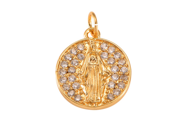 2pc 18K Gold Delicate Virgin Mother Mary Cubic Zirconia Bracelet Necklace Pendant Earring Charm Gift- 14mm-2 pcs per order