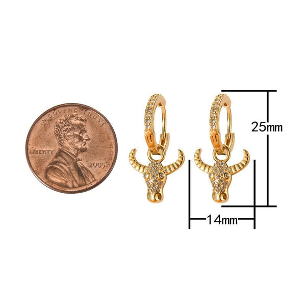 18kt Gold -Huggie Earring, Gold Cow Head Earring, Small Dangle Earring, CZ Pave Earring, Dangle Earring Charm- 14x25mm Huggies