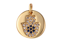 2 pcs 14k Gold Hamsa Hand Charm Diamond CZ 11mm Blue CZ Drop Charm Cubic Protector Pendant Tiny Lucky Dainty Necklace Bracelet- 10mm