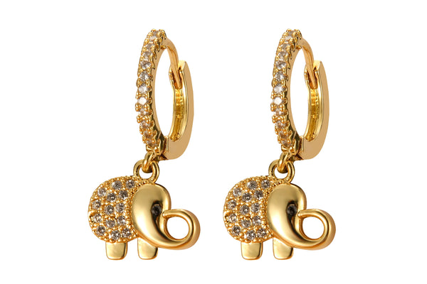 2 pcs 18kt Gold -Huggie Earring, Gold Elephant Earring, Small Dangle Earring, CZ Pave Earring, Dangle Earring Charm- 13x22mm Huggies