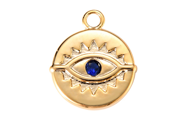 2pc 18k Gold Coin Evil Eye Charm Diamond CZ Drop Charm Cubic Protector Pendant Tiny Lucky Dainty Necklace - 11mm- 2 pcs per order