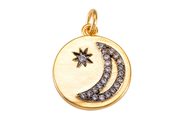 2 pc 18k Gold Coin Moon and Star Charm Diamond CZ Coin Charm Cubic Protector Pendant Lucky Dainty Necklace- 15mm