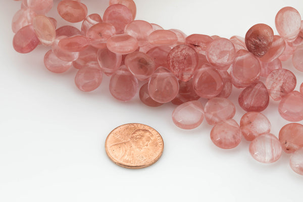 Natural 10x12mm Flat Briolette- Teardrop Shape- Top Drilled- 7.5 Inches- 32 pieces per strand- Cherry quartz Gemstone Beads