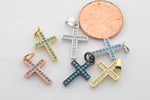 2 Small Crosses with Turquoise CZ Charms / Pendant - Gold Silver Gunmetal Rose Gold 10x15mm 2 pieces