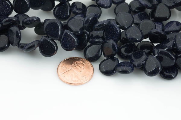 Natural 10x12mm Flat Briolette- Teardrop Shape- Top Drilled- 7.5 Inches- 32 pieces per strand- Blue GoldStone Gemstone Beads