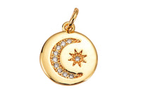 2 pcs 14k Gold Celestial Disc Pendant Micro Pave Moon Pendant Star Charm for Necklace Bracelet Component