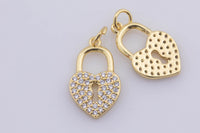 2pc 18k Gold Micro Pave Star lock Pendant , Heart PadLock Charms, Lock Necklace Earring Charms, CZ Pave- 10x17mm