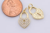 2pc 18k Gold Micro Pave Star lock Pendant , Heart PadLock Charms, Lock Necklace Earring Charms, CZ Pave- 10x17mm