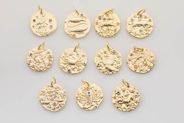 Dainty 18K Gold Zodiac Horoscope Sign Medallion Pendant Sparkle Astro Coin for Necklace Bracelet Jewelry Making Supply- 11mm
