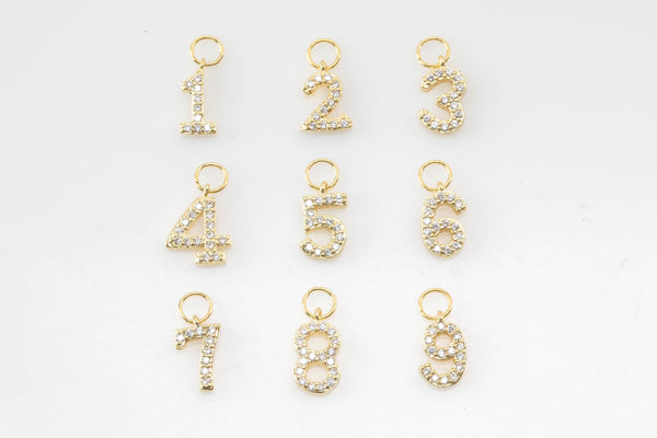 Initial Numbers Charms Gold Plated - Very Dainty and High Quality - Monogram Alphabet Diamond Gold Pave Initial Letters 0-9 and Pound Sign