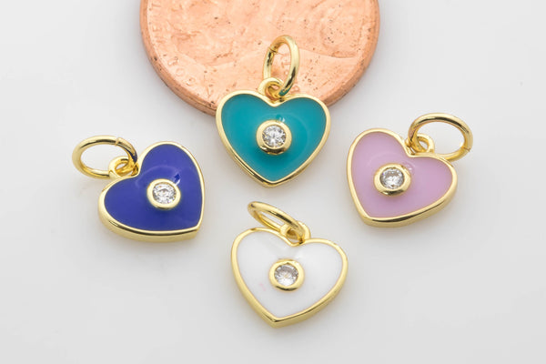 2pc Dainty Heart Enamel Pendant- 18k Gold CZ HEART Charm, Micro Pave Charm- 8mm- 2 pcs per order