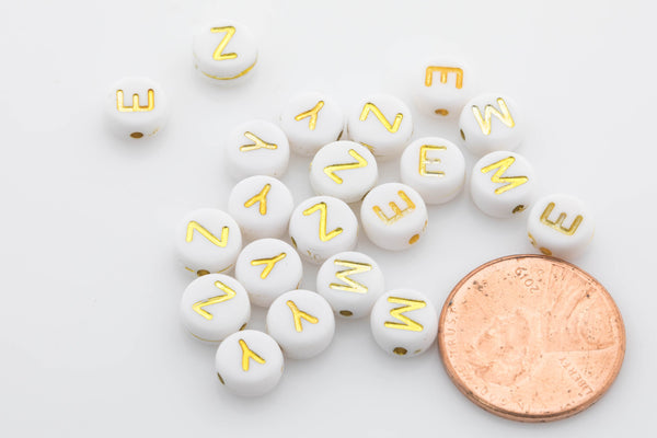 7mm Gold Lettering White Alphabet Beads, Name beads, Letter A-Z Round Beads 7mm-20 pcs