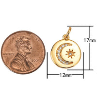 2 pcs 14k Gold Celestial Disc Pendant Micro Pave Moon Pendant Star Charm for Necklace Bracelet Component