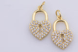 2pc 18k Gold Micro Pave Star lock Pendant , Heart PadLock Charms, Lock Necklace Earring Charms, CZ Pave- 10x17mm