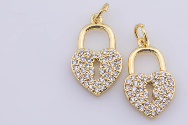 2pc 18k Gold Micro Pave Star lock Pendant , Heart PadLock Charms, Lock Necklace Earring Charms, CZ Pave- 10x17mm