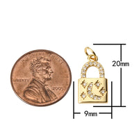 2pc 9x20mm Dainty Padlock Star and Moon Lock Charm 18k gold Micro Pave Charm, Colorful Cubic Charm, Silver Lock- 2 pcs per order