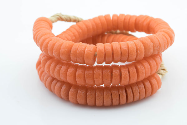 Natural Salmon Orange Ashanti Krobo Recycled Glass African Flat Saucer Beads (11-12mm) Coral Ghana Spacer Beads Wholesale Gemstone Beads