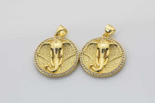 2 pcs Elephant Gold Lucky Coin Talisman Charm Necklace, 14k Gold Disc Round Pendant Lucky Medallion Pendant for Necklace- 20mm