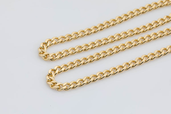 18k Gold Necklace Flat Cuban Curb Chain 3mm 3.5mm 4mm 6mm by Yard or Necklace Bracelet Component Unfinished Chain for DIY