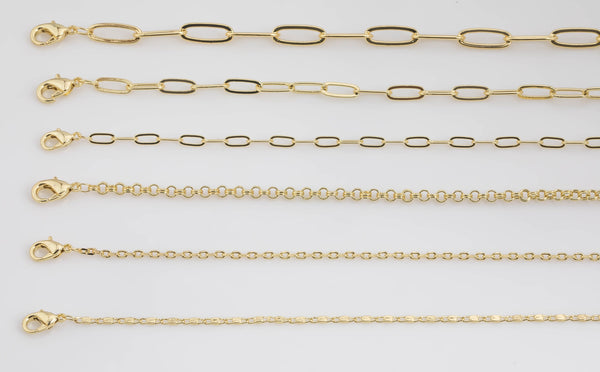 14k Gold Necklace Chains for Layering - Paperclip Chain Oval Chain Rolo Chain 16" 17" 18" 19" 20" 22" 23" with 3" extender chain