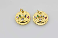 2 pc Gold Evil Eye Charm 14k Gold Micro Pave Eye Charm Multi Color CZ evil eye to protects its wearer from negative vibes- 14mm