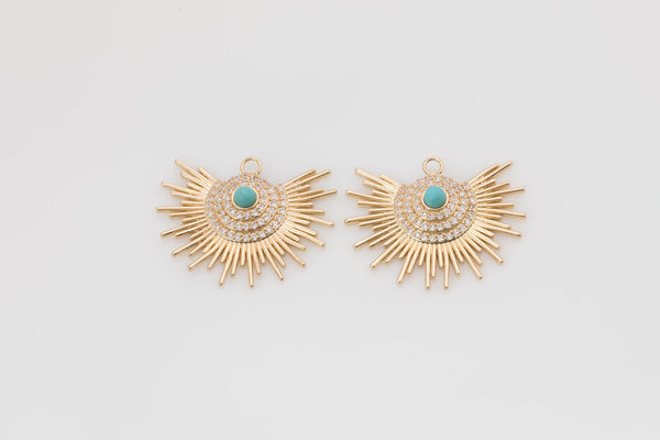 Sunburst / Starburst Sun Star Turquoise Charm 14k Gold Diamond CZ Drop Charm Cubic Pendant Necklace - 21mm