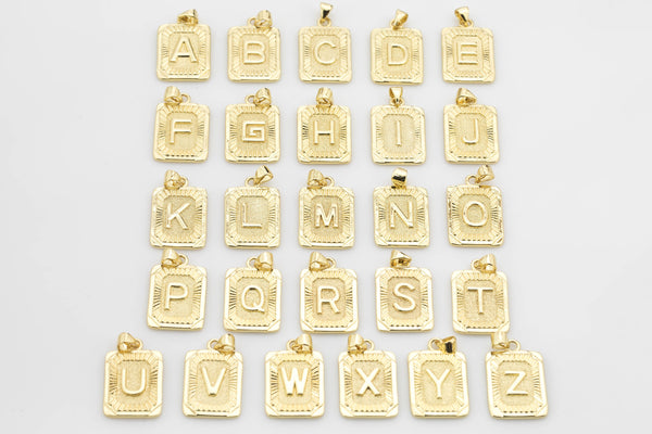 14k Gold Initial Tag Letter Charm A - Z Alphabet Letter Drop Charm Pendant Personalized Charm for Necklace Jewelry Making Rectangle