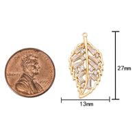 2 pcs 18k Gold Plated Coin leaf Charm Diamond CZ Drop Charm Cubic Luck Pendant Lucky Dainty Necklace -2 pcs per order- 13x27mm