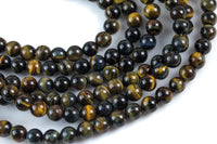 Natural Chocolate Blue Tiger Eye Tiger's Eye Round Beads, 6mm, 8mm, 10mm, or 14mm Beads- Full 15.5 Inch Strands Smooth Gemstone Beads