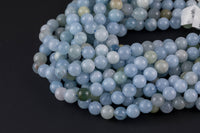 NATURAL Light Colored Aquamarine round beads in full strands. 6mm, 8mm, 10mm, 12mm, 14mm - Full Strand 15.5 inch Strand - Grade A Smooth